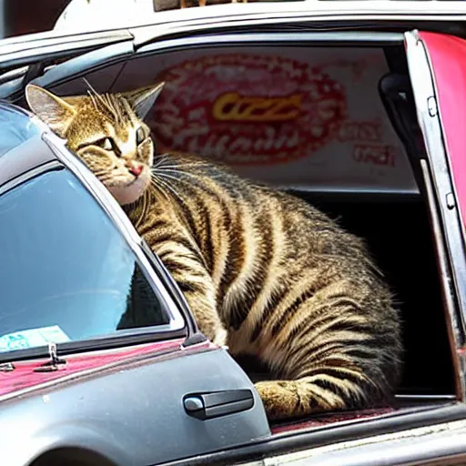 Prompt: garfield the cat driving car into side of pizzeria