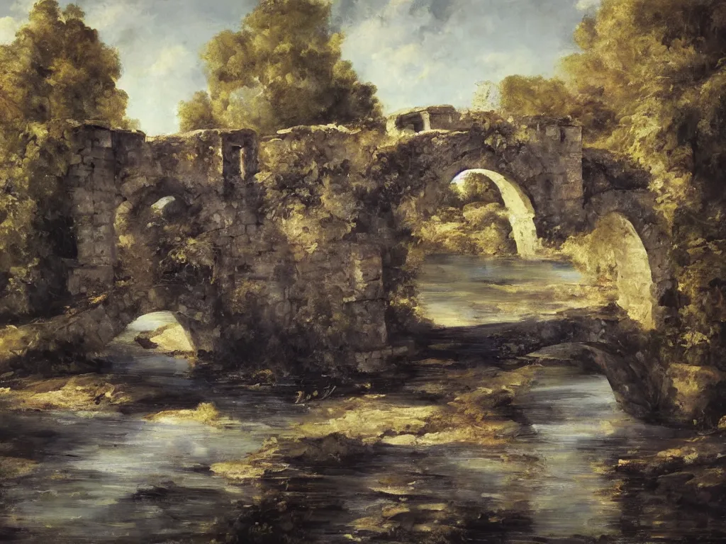 Image similar to modern stylized oil painting of medieval stone bridge, very very very beautiful, funny structure, romanticism by goya, bright art, cinematic dramatic lighting, plants and water