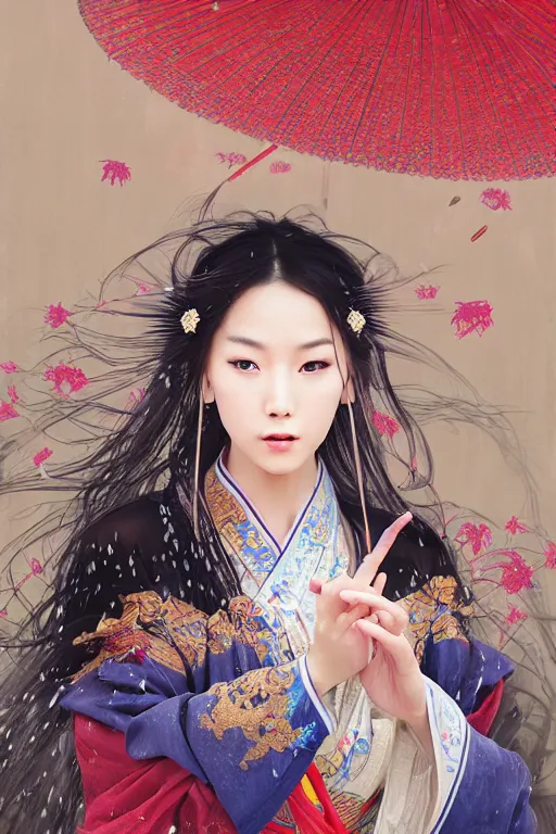 Prompt: portrait wuxia sword dance Asian Girl, Chinese costume, in forbidden City Rainning, flowers sea everywhere, ssci-fi, fantasy, intricate, very very beautiful, elegant, highly detailed, digital painting, artstation, concept art, smooth, sharp focus, illustration, art by tian zi and WLOP and alphonse mucha