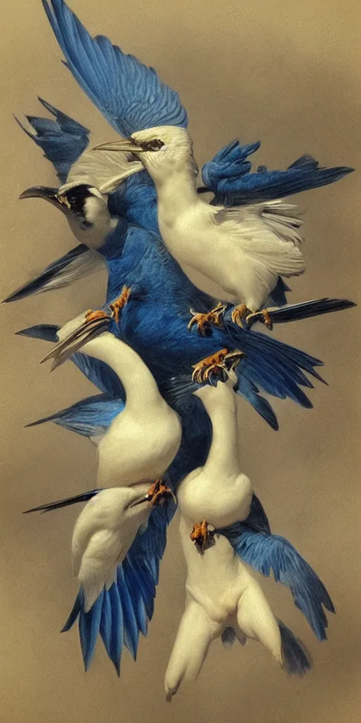 Image similar to highly detailed beautiful photography of birds, sharp focus, dramatic, dynamic, lighting, elegant, blue background, harmony, beauty, masterpiece, by roberto ferri, by durero, pencil draw