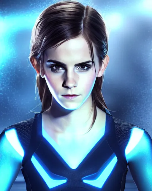 Prompt: portrait shot of emma watson in tron legacy cosplay, epic pose, concept art, by artgerm and luis royo, award winning professional photography, cinematic, octane render