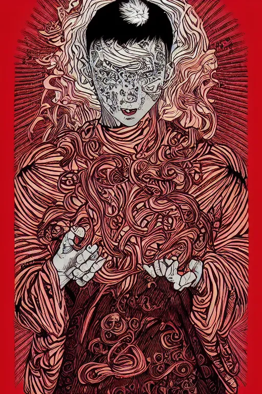 Image similar to a drawing of a person holding a red object, a manga drawing by Yuko Shimizu, behance contest winner, psychedelic art, psychedelic, cosmic horror, fractalism