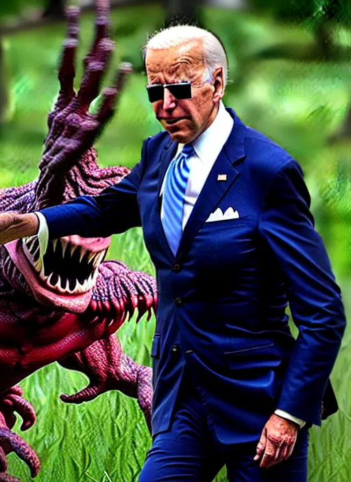 Prompt: joe biden is running terrified from a monster from predator that is chasing him on the white house lawn during a storm