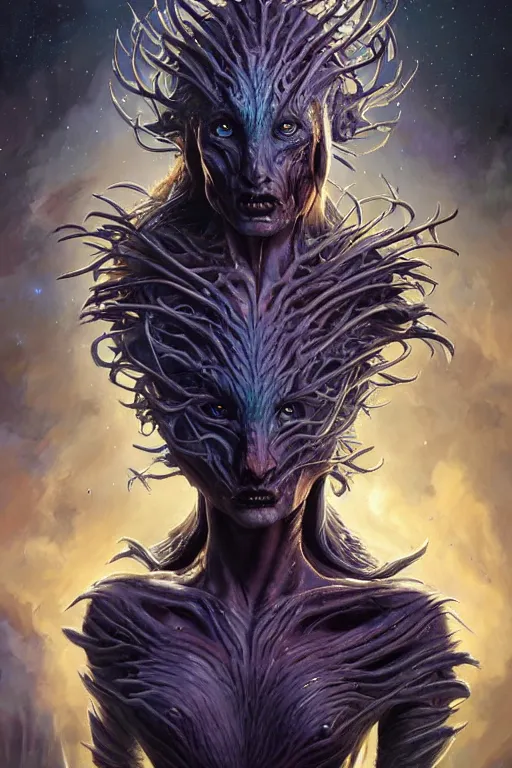 Prompt: beautiful oil painting with rich details of a starfields loosely clung together as a chaos human-beast hybrid, hybrid from dungeons and dragons and art direction by James Cameron ;by artgerm; wayne reynolds art station; cinematic quality character render; low angle; ultra high quality model; production quality cinema model;