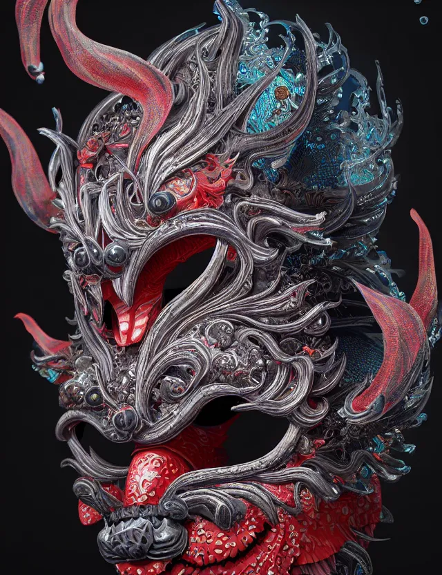 Image similar to 3 d demon in venetian mask close - up profile portrait. beautiful intricately detailed japanese crow kitsune mask and clasical japanese kimono. betta fish, jellyfish phoenix, bio luminescent, plasma, ice, water, wind, creature, artwork by tooth wu and wlop and beeple and greg rutkowski