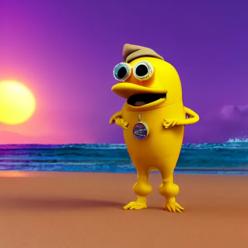 Prompt: 3 d octane render, of an anthropomorphic lemon character, with lemon skin texture, it is wearing a hat and scuba diving suit, building a sandcastle on the beach at sunset, beach, huge waves, sun, clouds, long violet and green trees, rim light, cinematic photography, professional, sand, sandcastle, volumetric lightening
