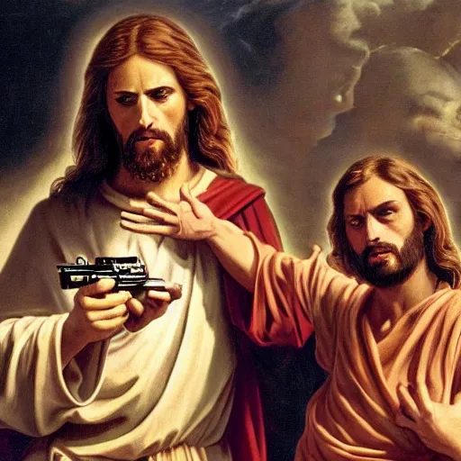 Prompt: Jesus Christ brandishing a pistol against lucifer, 8k, hyperrealistic, very detailed, clean, professional photography, epic composition