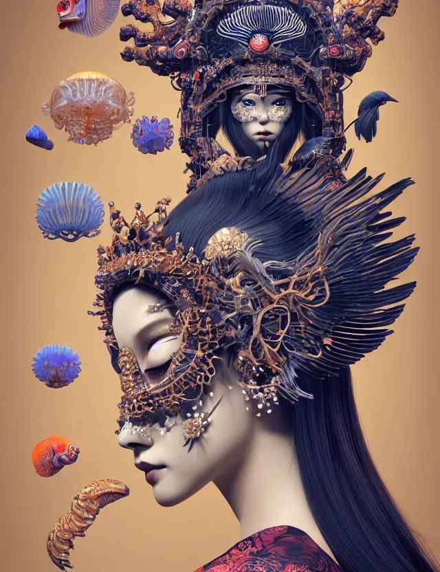 Prompt: 3 d goddess close - up portrait with crown, ram skull. beautiful intricately detailed japanese crow kitsune mask and clasical japanese kimono. betta fish, jellyfish phoenix, bioluminescent, plasma, ice, water, wind, creature, artwork by tooth wu and wlop and beeple and greg rutkowski