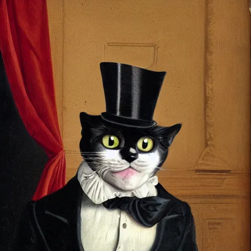 Prompt: a cat wearing a tuxedo a top hat and a monocle, renaissance painting, portrait, highly detailed