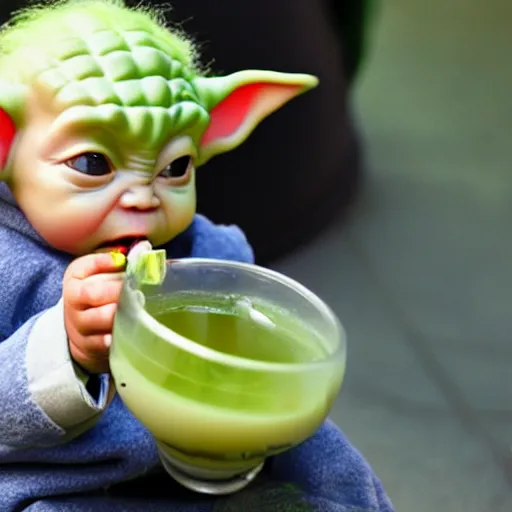 Prompt: baby yoda drinking green tea