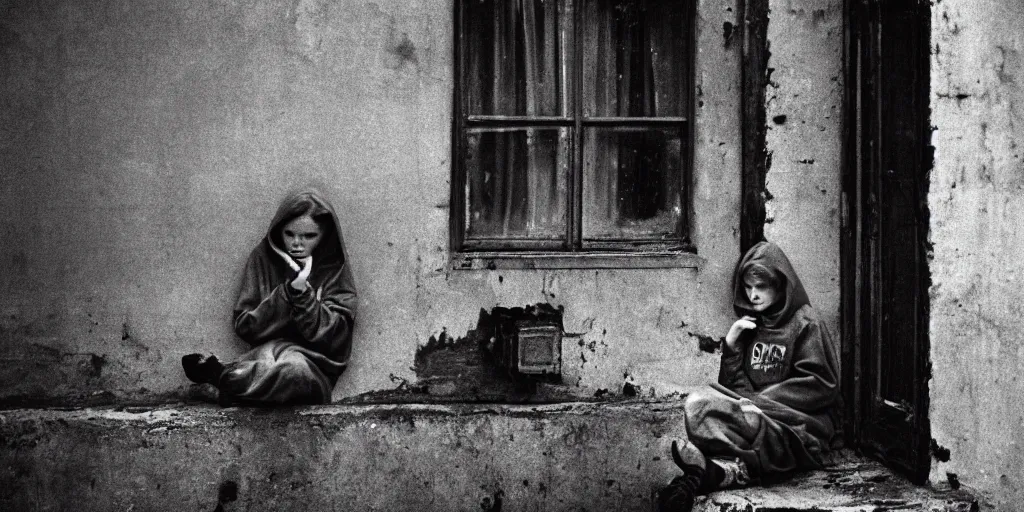 Prompt: at night, sadie sink in hoodie sits on windowsill, knees tucked in | rain falls, old brick wall with ussr propaganda posters : leica 3 5 mm, single long shot. by weegee, don mccullin, robert doisneau, henri cartier - bresson, brassai, robert capa. cyberpunk, cinematic atmosphere, detailed and perfect anatomy