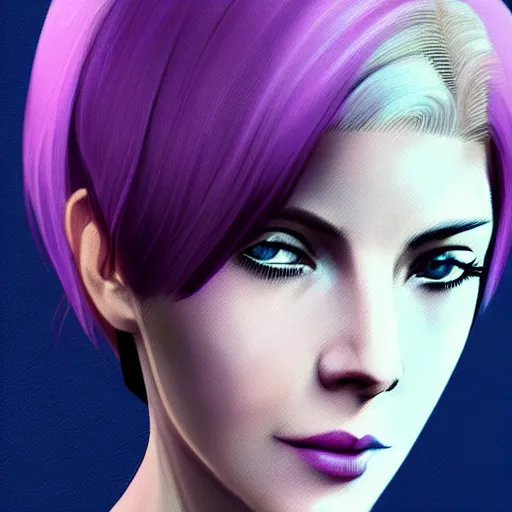 Prompt: A combination of Grace Kelly's and Katheryn Winnick's and Ashley Greene's faces with short violet hair as Motoko Kusanagi from Ghost in The Shell, cyberpunk style, synthwave aesthetic, fantasy, intricate, elegant, highly detailed, digital painting, artstation, concept art, matte, sharp focus, illustration, half body portrait, anime style, art by Artgerm and Greg Rutkowski and Alphonse Mucha