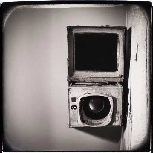 Image similar to small and dark concrete room with an old tv showing a pair of eyes, creepy, eerie, old polaroid, expired film,