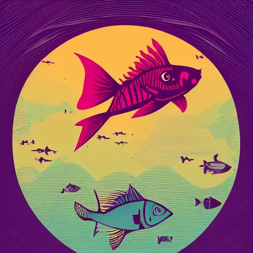 Image similar to one stylized fish in center of view, viewed in profile, dark ocean, complex patterns, artstation, intricate, realistic, highly detailed, digital painting, concept art, sharp focus, illustration by tom whalen and charles williams and kilian eng and james jean