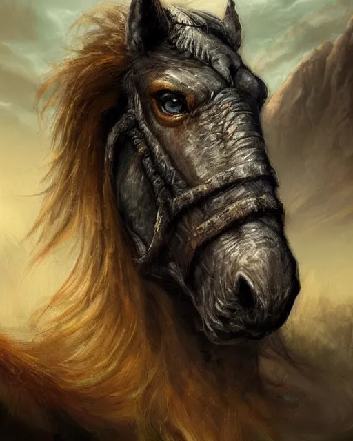 Image similar to ''face portrait of a rugged horse, fantasy, mountain landscape, d & d, digital painting, artstation, deviantart, concept art, illustration, art by dragolisco and anne stokes and nico niemi''