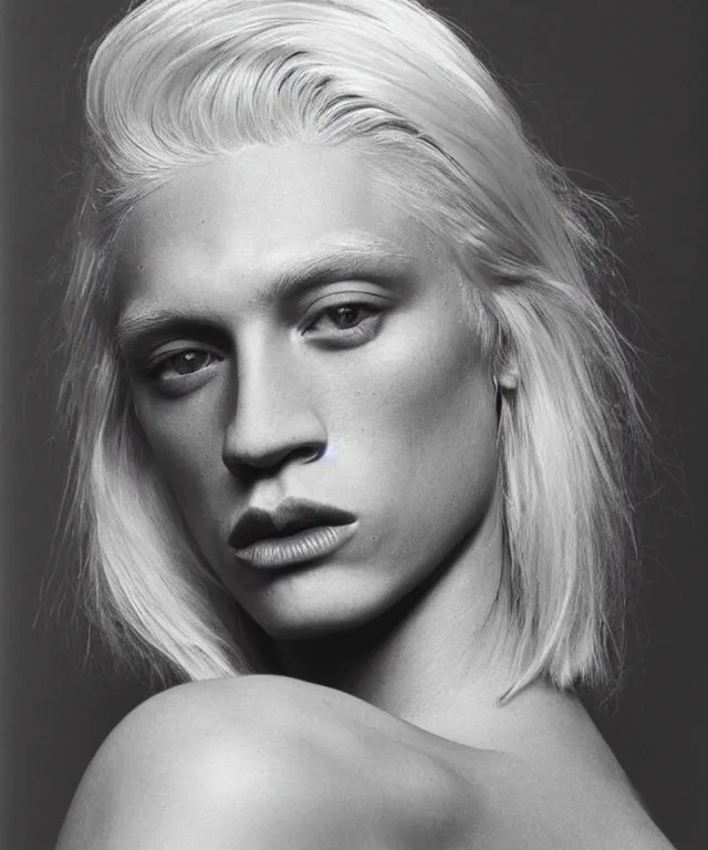 Image similar to a color photograph of a non binary model, platinum blonde, by robert mapplethorpe, intense, bold, hyperrealistic, ultra sharp, extra details, ultra high quality, trending on pinteresst