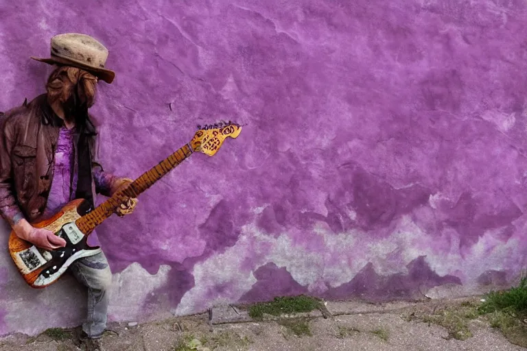 Prompt: dripping purple faded paint across the shape of a human playing guitar, realistic, extremely detailed, coming out of the ancient wall