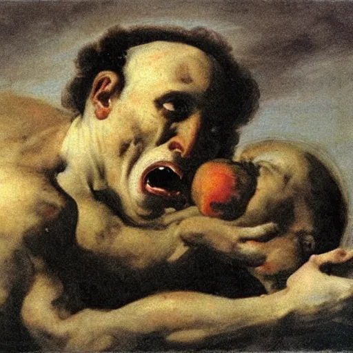 Prompt: saturn devouring his son, painting by francisco goya, peach