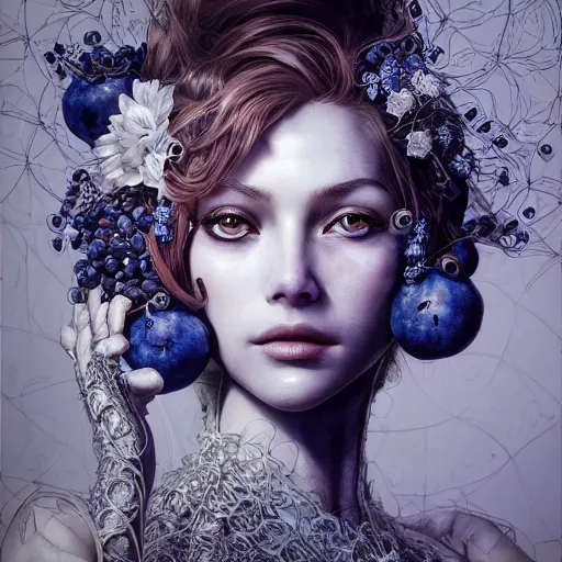 Image similar to the face of an absurdly beautiful, graceful, elegant, sophisticated woman made of blueberries and blackberries, an ultrafine hyperdetailed illustration by kim jung gi, irakli nadar, intricate linework, bright colors, octopath traveler, final fantasy, unreal engine 5 highly rendered, global illumination, radiant light, detailed and intricate environment