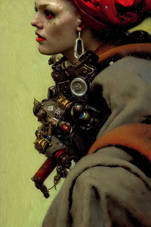 Prompt: full character portrait max mad cyberpunk warhammer 4 0 k, tech priest medic not the girl with the pearl earring character design, painting by gaston bussiere, katsuya terada, wyeth, greg rutkowski, craig mullins, ( ( ( ( ( vermeer ) ) ) ) ), frank frazetta, mucha, tom of finland, trending on artstation