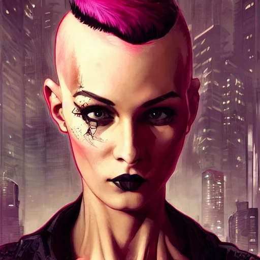 Image similar to character portrait of a retro punk woman in a pixie cut, shaved side of head, dystopian cyberpunk steampunk soviet mood, intricate, wild, highly detailed, digital painting, artstation, upper body, concept art, smooth, sharp focus, illustration, art by artgerm and greg rutkowski and alphonse mucha