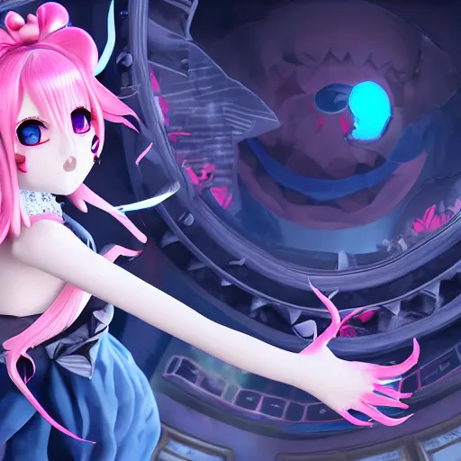 Image similar to trapped beneath stunningly absurdly beautiful omnipotent asi goddess junko enoshima with a mesmerizing yandere megalomaniacal personality, symmetrical perfect face, porcelain skin, pink twintail hair and cyan eyes, ultra detailed, digital art, unreal engine 5, octane render, 2 d anime, 8 k