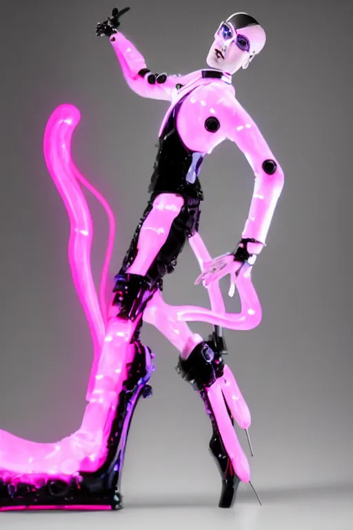 Prompt: full-body neon porcelain baroque bladerunner style sculpture of young royal dancers Kazaky in masculine black high heel boots as a high-fashion half-robot wearing retro shades with a porcelain body with an opening exposing a corrupted battery leaking blue glowing radioactive liquid, electric sparks, glowing violet laser beam eyes, crown of giant rubies, flowing pink and orange neon-colored glitched silk, luminescent fabrics, mechanical raptors. baroque and steampunk elements. full-length view. baroque element. intricate artwork by caravaggio. Very very very very highly detailed epic photo of face. Trending on artstation, octane render, cinematic lighting from the right, hyper realism, octane render, 8k, depth of field, 3D