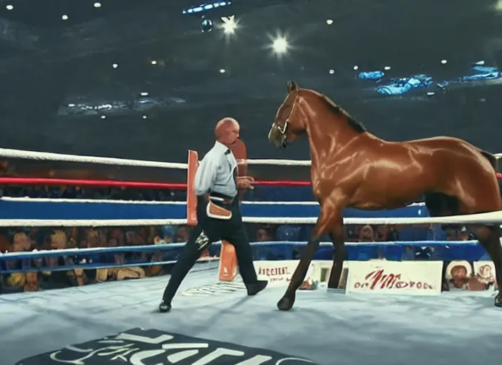 Image similar to frame from a sports broadcast where an anthropomorphic horse is in a boxing match against a real horse.