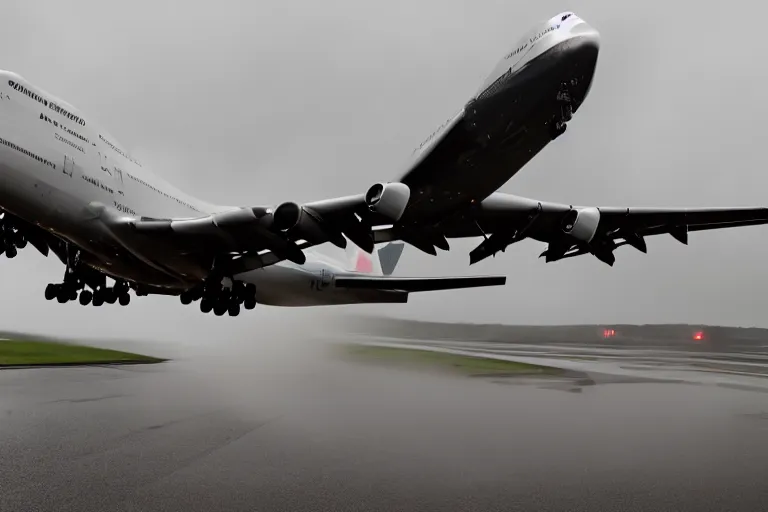 Prompt: detailed photo of a boeing 7 4 7 landing at a 4 5 degree angle, on a runway in heavy rain and wind, photo from a spectator, 8 k, natural lighting