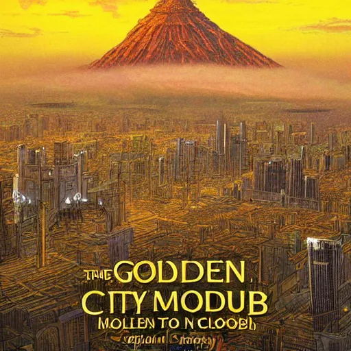 Image similar to the golden city of the gods in the clouds by killian eng and moebius