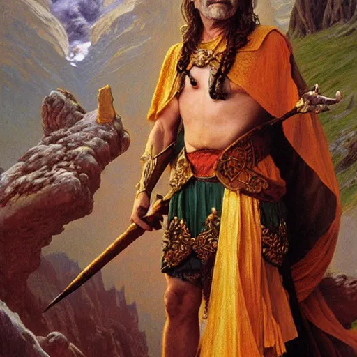 Image similar to an ultradetailed portrait of robin williams dressed as an djinn druid, standing heroically on top of a cliff, d & d, fantasy, intricate, elegant, highly detailed, digital painting, matte, sharp focus, illustration, god rays, art by john collier and albert aublet and krenz cushart and artem demura and alphonse mucha