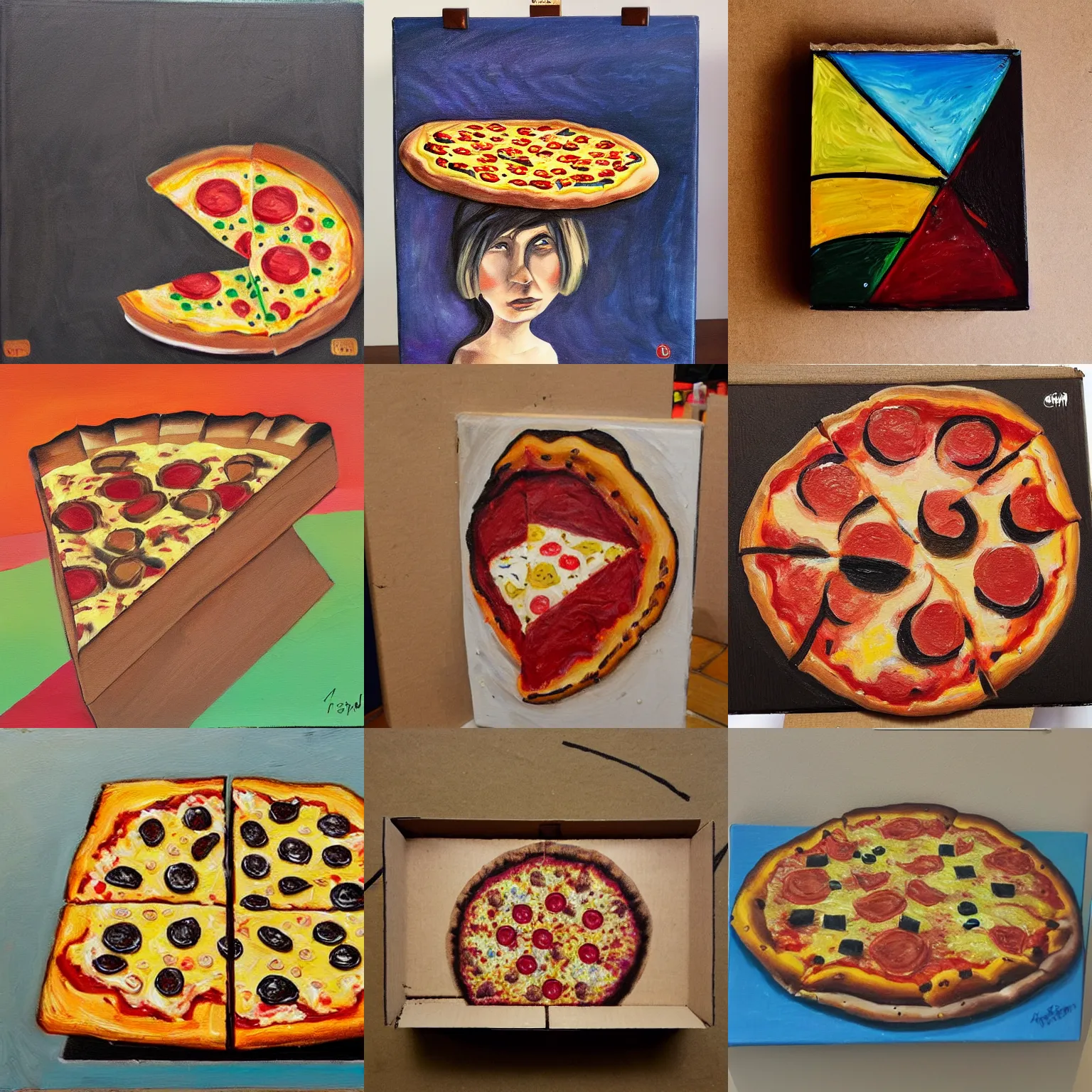 Prompt: Worthless art so terrible that not even a billionaire could be tricked into buying it, oil on pizza box