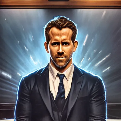 Image similar to ryan reynolds as spider - man, wearing a black and blue suit, cinematic, volumetric lighting, f 8 aperture, cinematic eastman 5 3 8 4 film, photorealistic by greg rutkowski, by stanley artgerm, by alphonse mucha