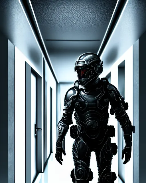 Prompt: ultra realist and ultra intricate detailed soft painting of a sci-fi armored male, helmet, walking down futuristic hallway, sensual gloomy style, volumetric clouds, unreal render, depth of field