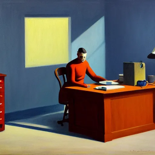 Prompt: painting of a lonely man, sitting at his desk in an empty, huge office, in the style of edward hopper