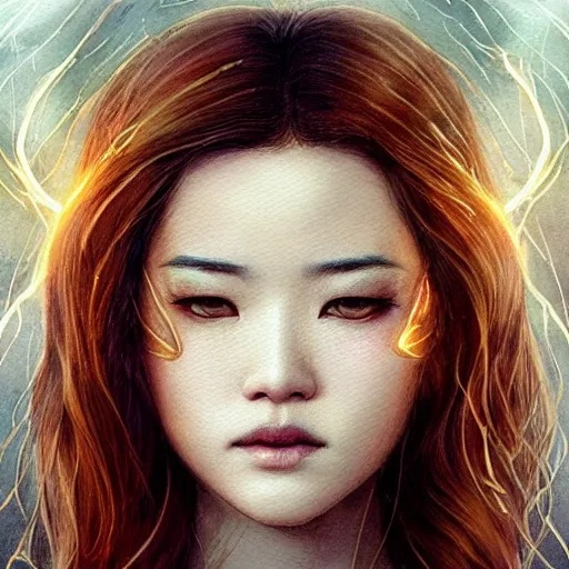 Image similar to lightning angel character portrait, Asian face, cinematic lighting, glowing golden eyes, hyper-detailed, cgsociety, 8k, high resolution, in the style of Charlie Bowater, Tom Bagshaw, Artgerm, single face, symmetrical, headshot photograph, insanely detailed and intricate, beautiful, elegant, watercolor, cinematic, portrait, Raphaelite, headroom, artstation