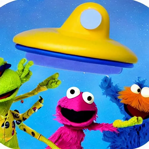 Image similar to yipyip aliens sesame street flying a ufo through space