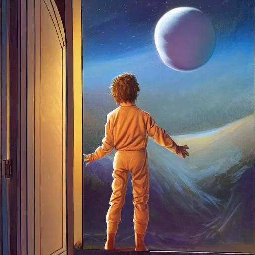 Image similar to and many others, including myself and my older brother, Sam, will be ablecanon of michael whelan, trending on artstation, vivid and vivid a boy looks outside his bedroom window to see the beautiful cosmos, trending