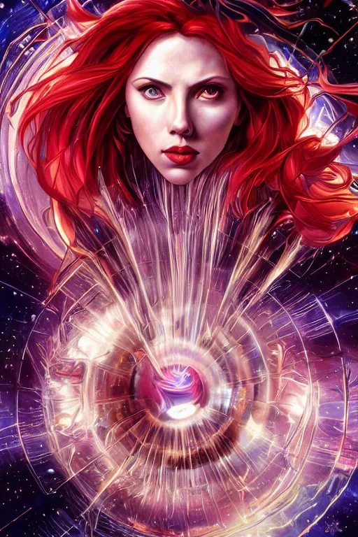 Prompt: celestial scarlett johansson emerging from a wormhole, by artgerm and yoshitaka amano and moebius and alphonse mucha, hyperdetailed, dc comics, ornate, nebula, explosions in the sky, trending on artstation