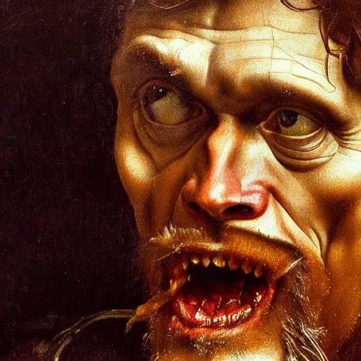 Image similar to close up portrait of willem dafoe eating an entire horse, oil painting, high detail, dark lighting, atmospheric, extremely detailed, intricate, da vinci, michelangelo, caravaggio, hans holbein, 8 k