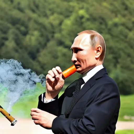 Image similar to vladimir putin smoking a bong and exhaling a large smoke cloud, candid photography