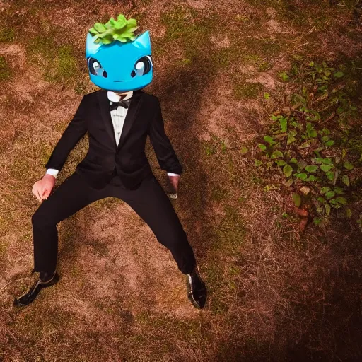 Prompt: 4 k photography, full view, bulbasaur inspired men's suit, put on a mannequin, wide shot, epic, cinematic lighting, beautiful composition, cinematic