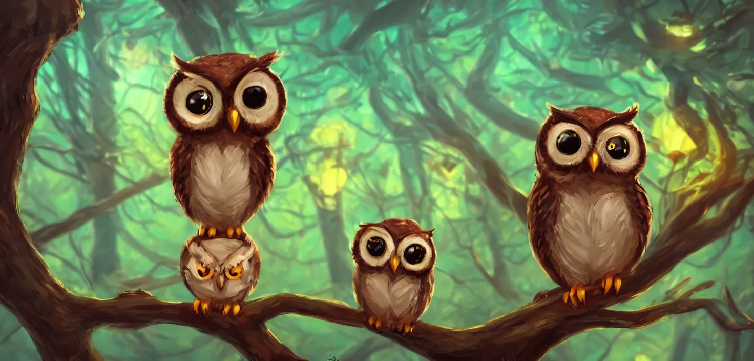 Prompt: owl magic forest, cute friendly funny owl with beauty eyes sitting on a tree branch, in the style of craola, shallow depth of field, highly detailed, digital painting, trending artstation, concept art, illustration, cinematic lighting, vibrant colors, photorealism, epic, octane render