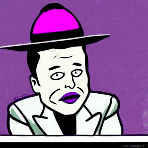 Prompt: elon musk, cartoon style, Big Pimpin' Style, Purple Pimp Hat