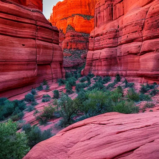 Image similar to bottom-up view from a huge deep red rock canyon in Sedona, in the evening light ultra detailed by National Geographic style, golden hour, atmospheric lighting, 8k resolution, best color graded, vray beautiful, hyper-realistic render W 1080 H 1080