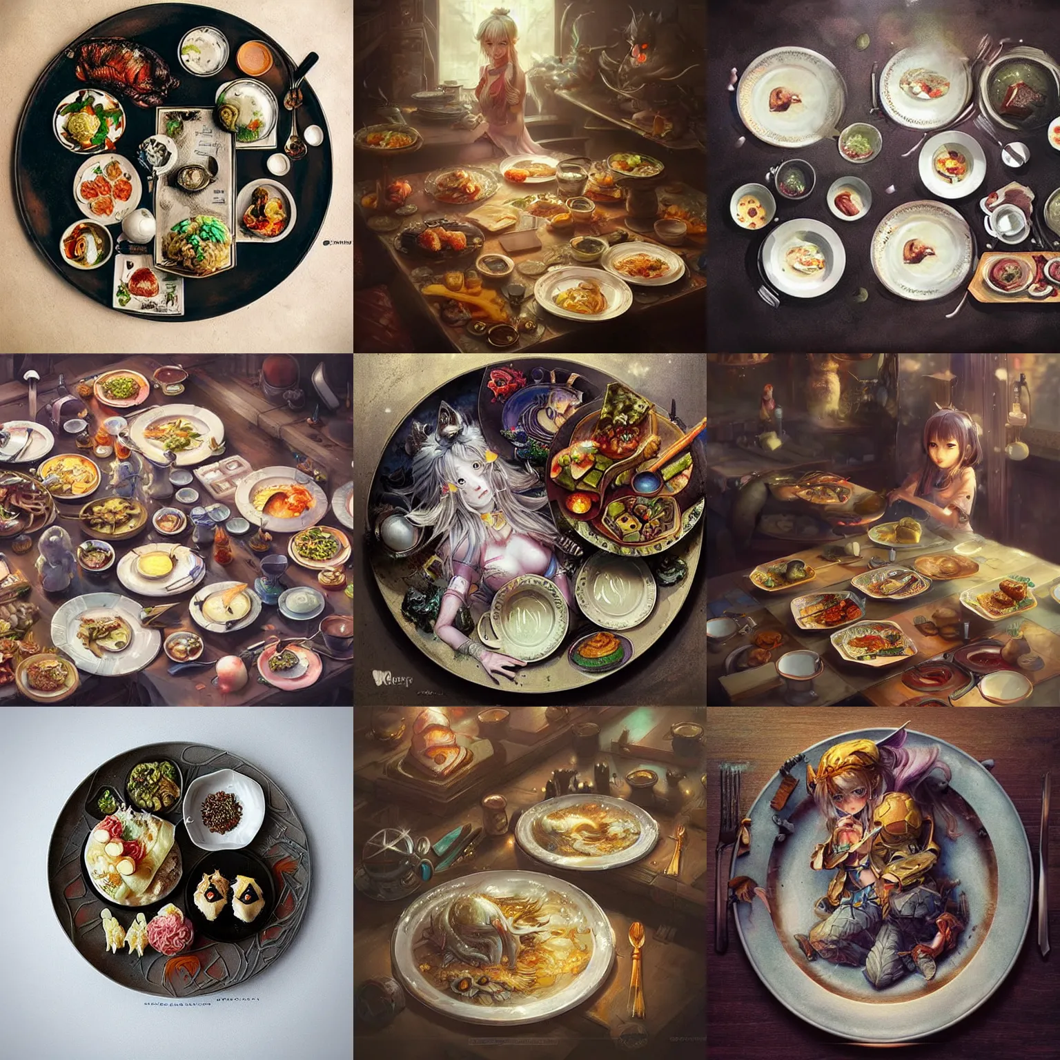 Prompt: table with ( plates ), food on each plate fantasy art, fantasy, anime, food focus, magic, highly detailed, by wenjun lin, by wlop,