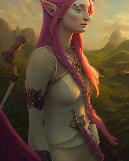 Image similar to highly detailed surreal vfx portrait of sophie turner as princess zelda, stephen bliss, unreal engine, greg rutkowski, loish, rhads, beeple, makoto shinkai and lois van baarle, ilya kuvshinov, rossdraws, tom bagshaw, alphonse mucha, global illumination, detailed and intricate environment