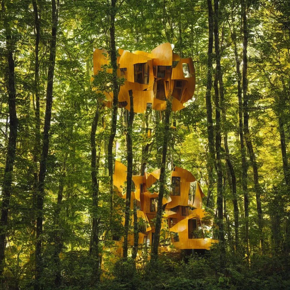 Image similar to a tiny tiny house in a light forest, designed by Frank Gehry. Tiles. Film grain, cinematic, yellow hue