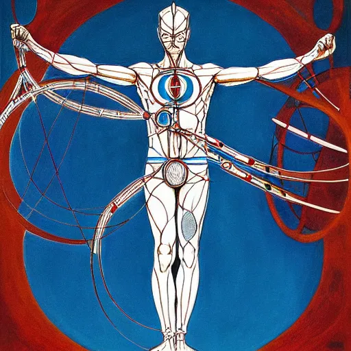 Image similar to ultraman vitruvian man by james jean and salvador dali