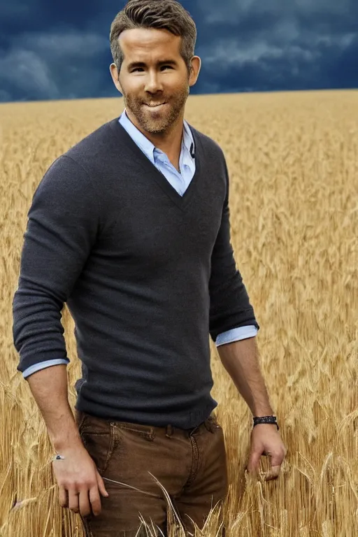 Prompt: ryan reynolds with hair of wheat field, photorealistic